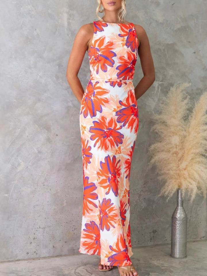 Printed Backless Maxi Dress with sleeveless design, flowing full-length silhouette, and elegant open back detail