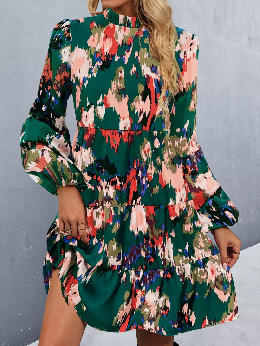 Printed Balloon Sleeve Dress with voluminous long sleeves and tailored mini silhouette in an elegant patterned fabric
