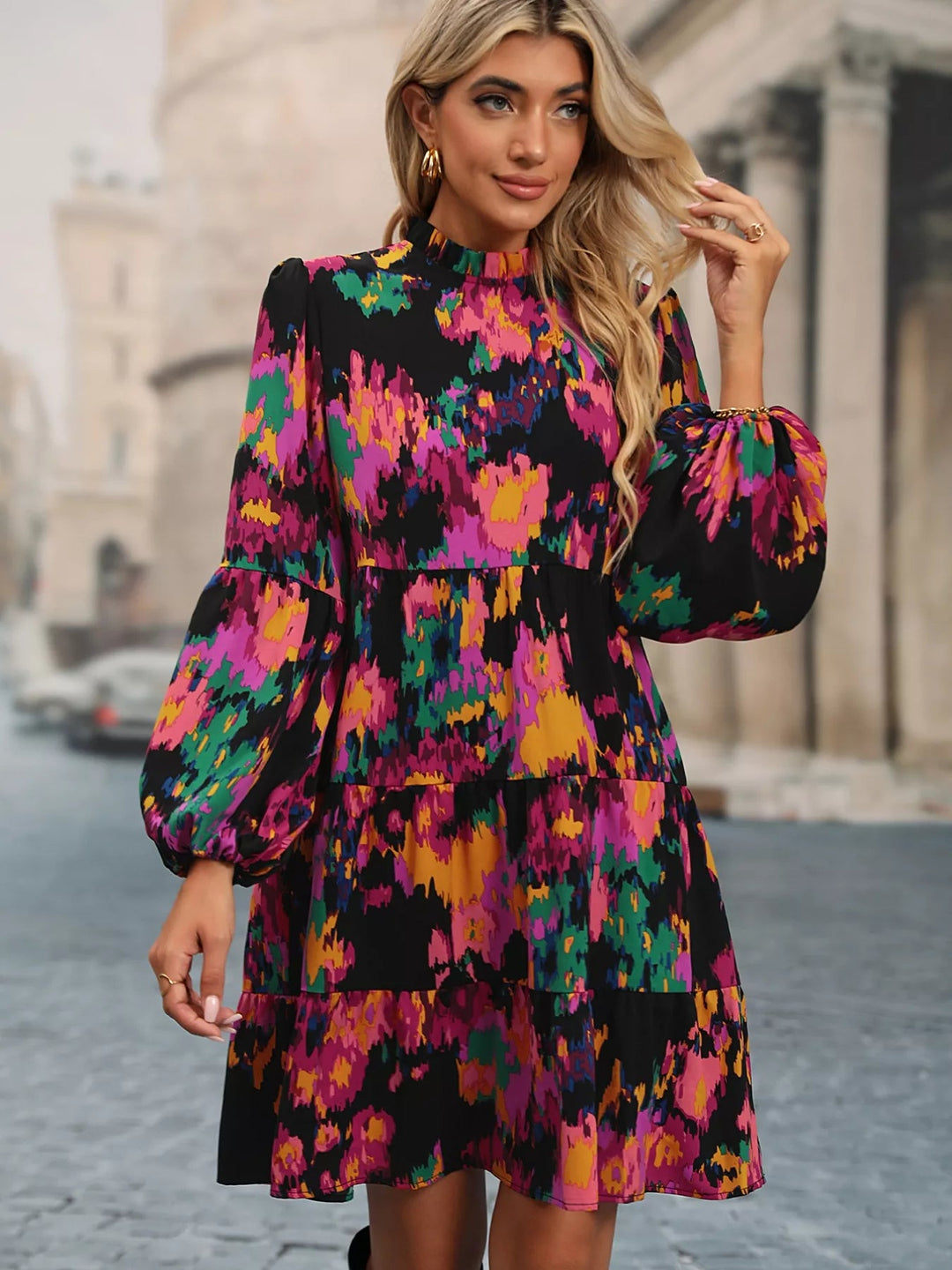Printed Balloon Sleeve Dress with voluminous long sleeves and tailored mini silhouette in an elegant patterned fabric