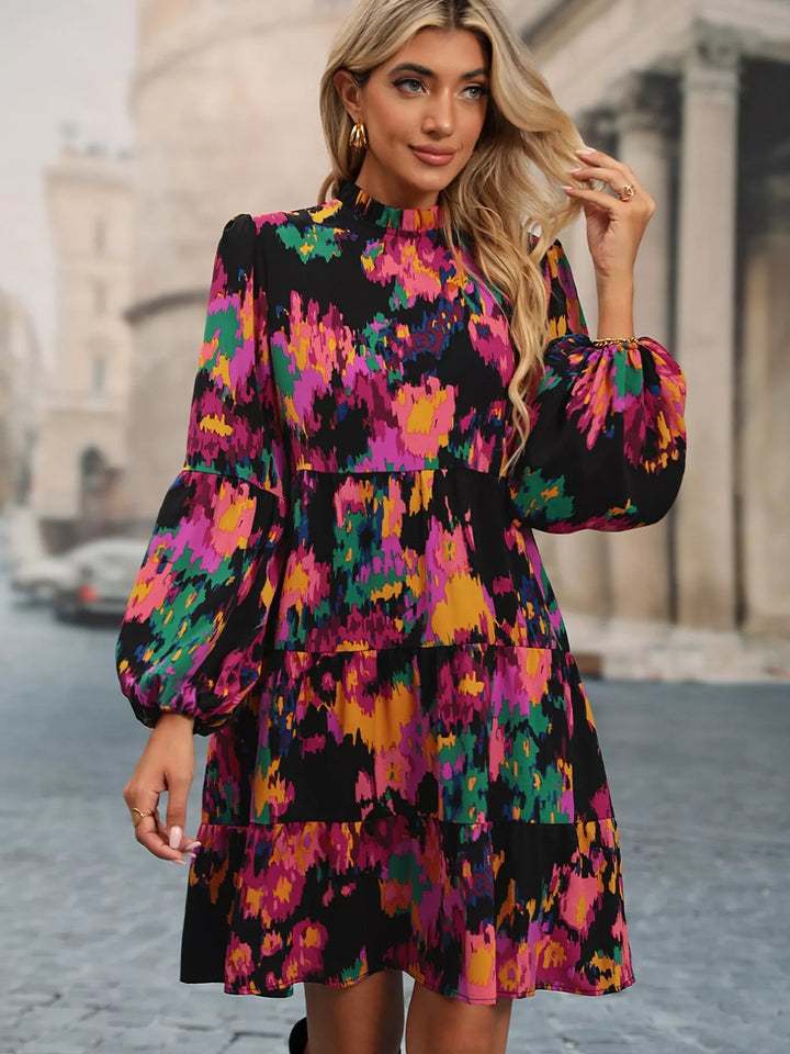 Printed Balloon Sleeve Dress with voluminous long sleeves and tailored mini silhouette in an elegant patterned fabric