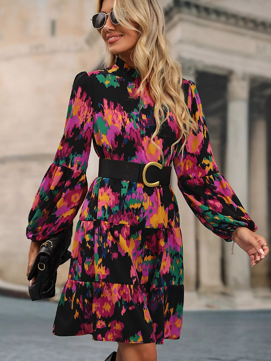 Printed Balloon Sleeve Dress with voluminous long sleeves and tailored mini silhouette in an elegant patterned fabric