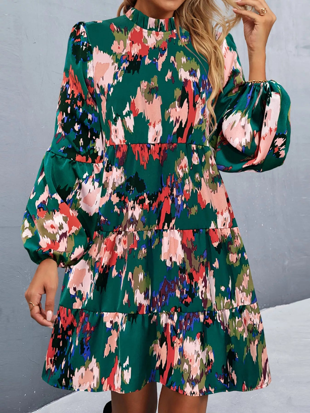 Printed Balloon Sleeve Dress with voluminous long sleeves and tailored mini silhouette in an elegant patterned fabric