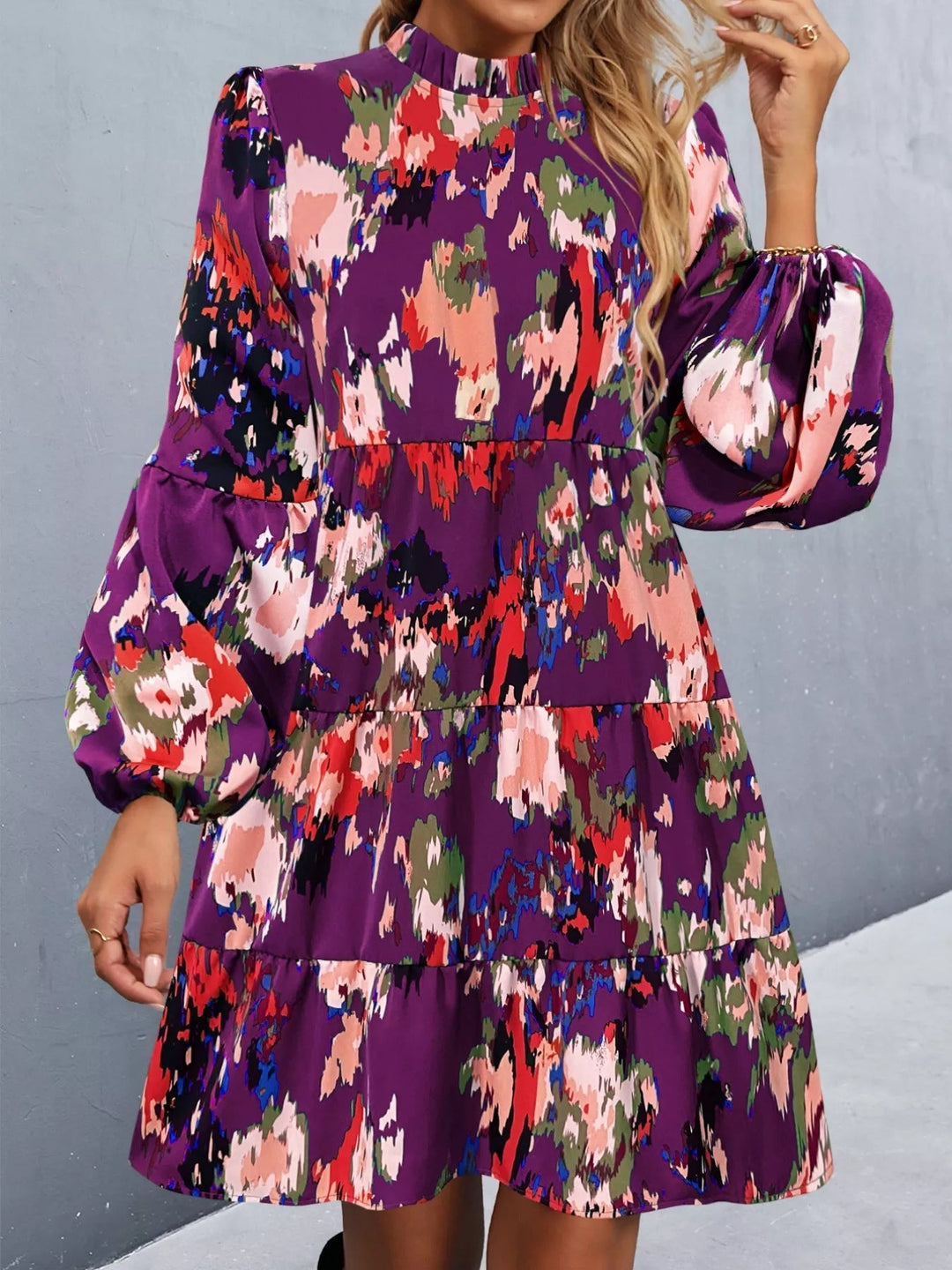 Printed Balloon Sleeve Dress with voluminous long sleeves and tailored mini silhouette in an elegant patterned fabric