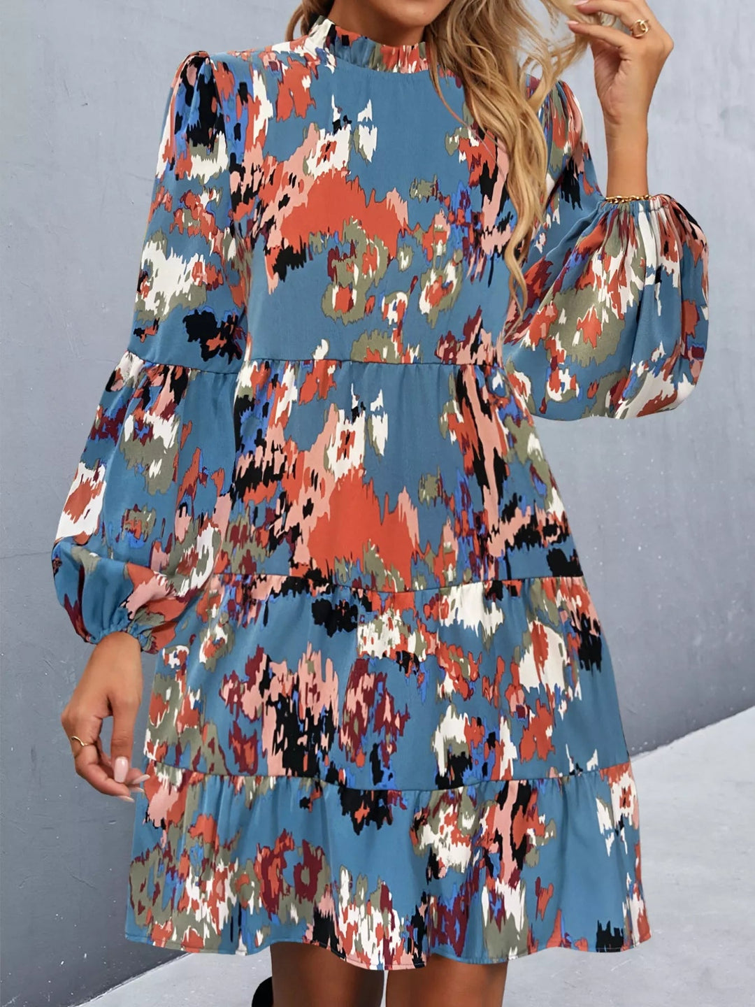 Printed Balloon Sleeve Dress with voluminous long sleeves and tailored mini silhouette in an elegant patterned fabric