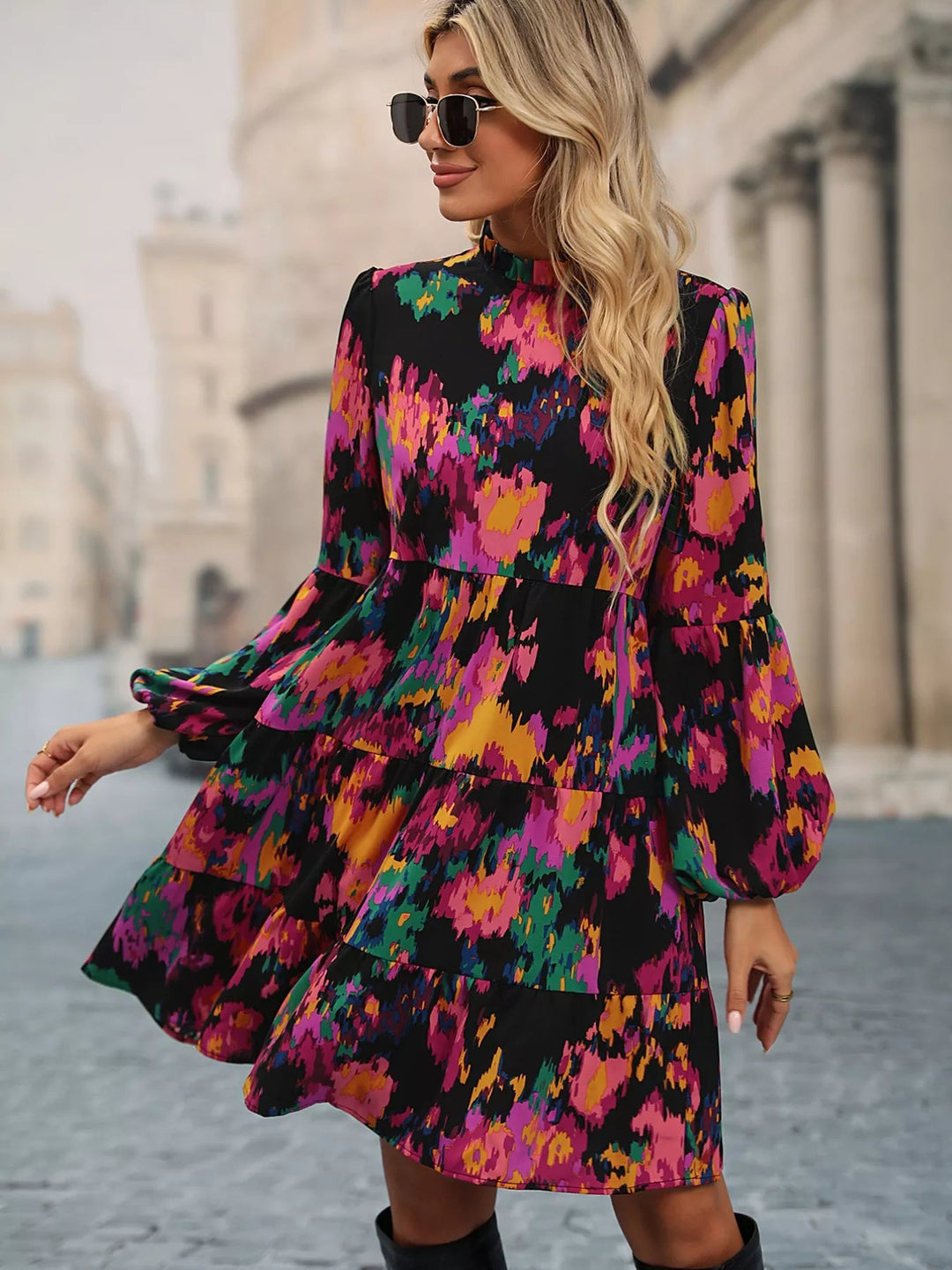 Printed Balloon Sleeve Dress with voluminous long sleeves and tailored mini silhouette in an elegant patterned fabric