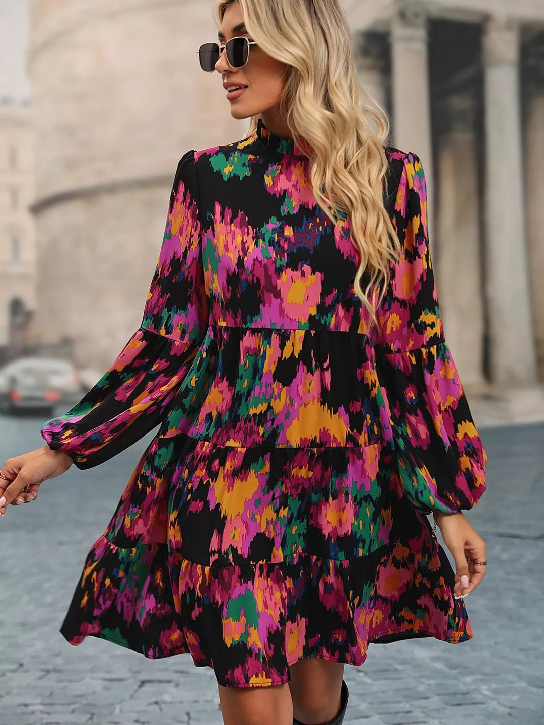 Printed Balloon Sleeve Dress with voluminous long sleeves and tailored mini silhouette in an elegant patterned fabric