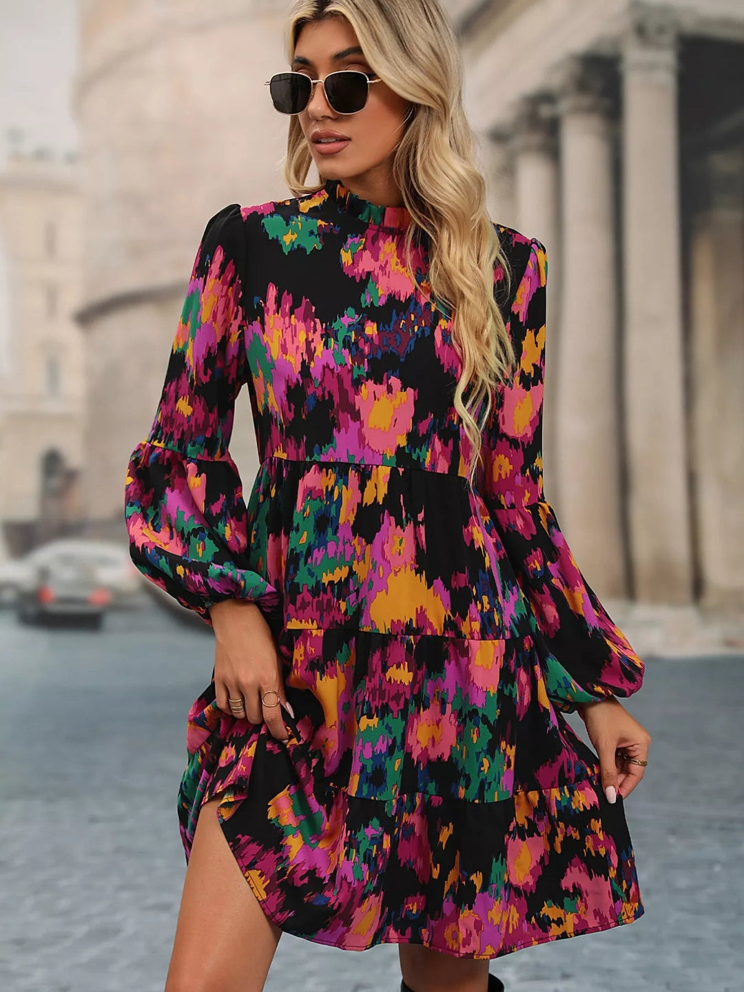 Printed Balloon Sleeve Dress with voluminous long sleeves and tailored mini silhouette in an elegant patterned fabric