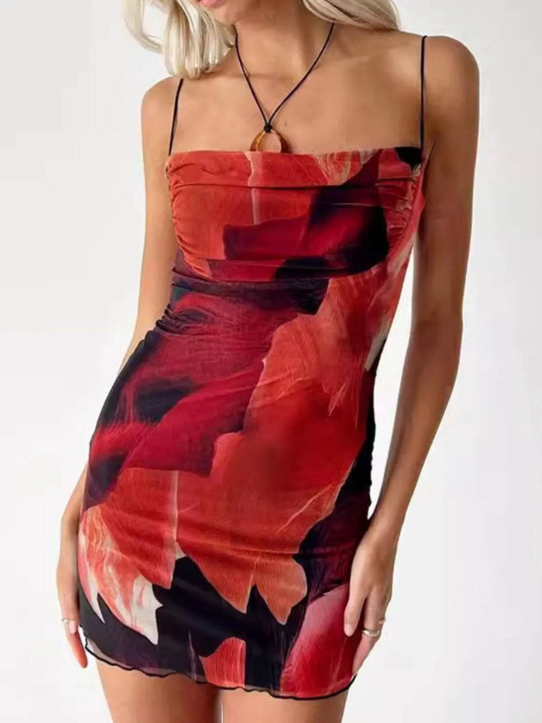 Printed Bodycon Cami Dress with slim straps and fitted silhouette in elegant patterned fabric