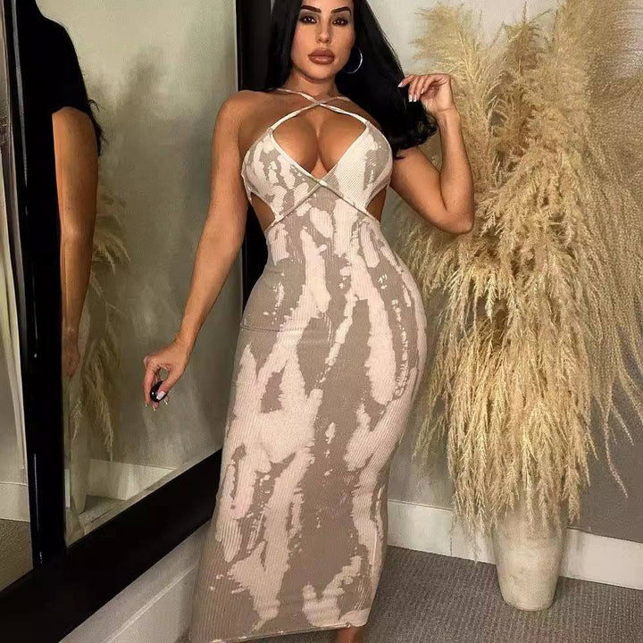 Printed Dress For Woman Backless Suspender Hip Skirt - Glow Goddess