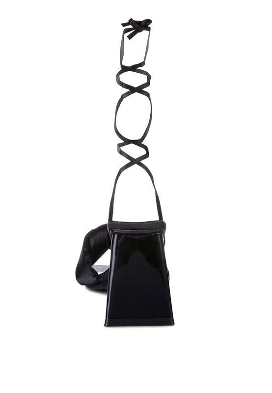 Knotted Block Heel Sandals with satin knotted strap, triangular block heel, open square toe, and lace-up design for partywear