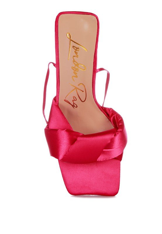 Knotted Block Heel Sandals with satin knotted strap, triangular block heel, open square toe, and lace-up design for partywear