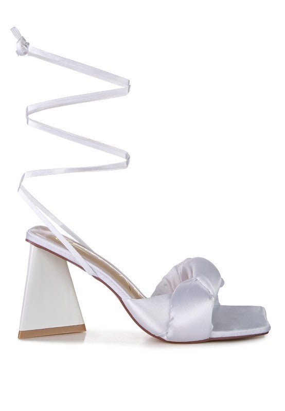 Knotted Block Heel Sandals with satin knotted strap, triangular block heel, open square toe, and lace-up design for partywear