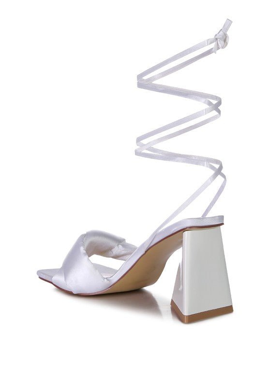 Knotted Block Heel Sandals with satin knotted strap, triangular block heel, open square toe, and lace-up design for partywear