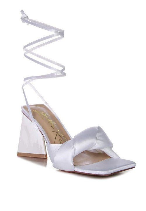 Knotted Block Heel Sandals with satin knotted strap, triangular block heel, open square toe, and lace-up design for partywear