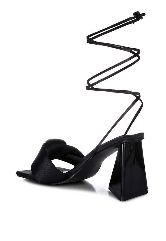 Knotted Block Heel Sandals with satin knotted strap, triangular block heel, open square toe, and lace-up design for partywear