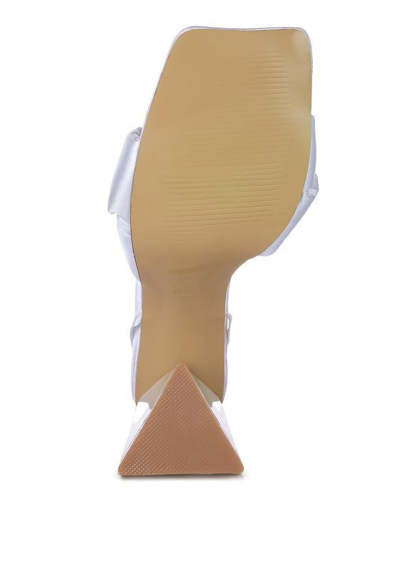 Knotted Block Heel Sandals with satin knotted strap, triangular block heel, open square toe, and lace-up design for partywear