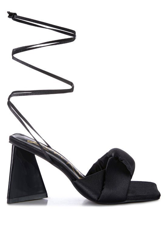 Knotted Block Heel Sandals with satin knotted strap, triangular block heel, open square toe, and lace-up design for partywear