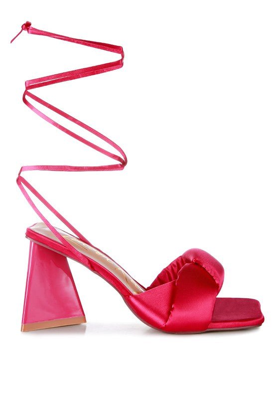 Knotted Block Heel Sandals with satin knotted strap, triangular block heel, open square toe, and lace-up design for partywear