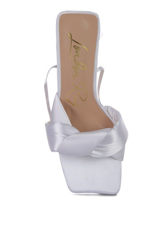 Knotted Block Heel Sandals with satin knotted strap, triangular block heel, open square toe, and lace-up design for partywear