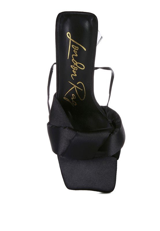 Knotted Block Heel Sandals with satin knotted strap, triangular block heel, open square toe, and lace-up design for partywear