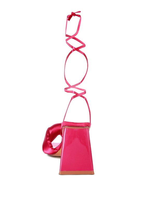 Knotted Block Heel Sandals with satin knotted strap, triangular block heel, open square toe, and lace-up design for partywear