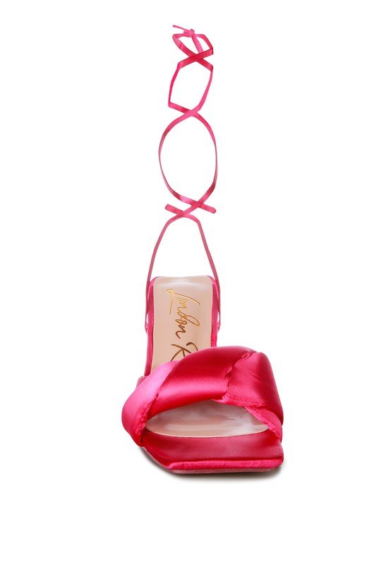 Knotted Block Heel Sandals with satin knotted strap, triangular block heel, open square toe, and lace-up design for partywear