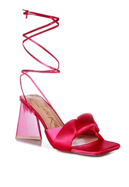Knotted Block Heel Sandals with satin knotted strap, triangular block heel, open square toe, and lace-up design for partywear