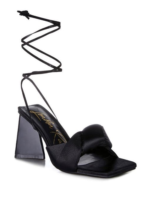 Knotted Block Heel Sandals with satin knotted strap, triangular block heel, open square toe, and lace-up design for partywear