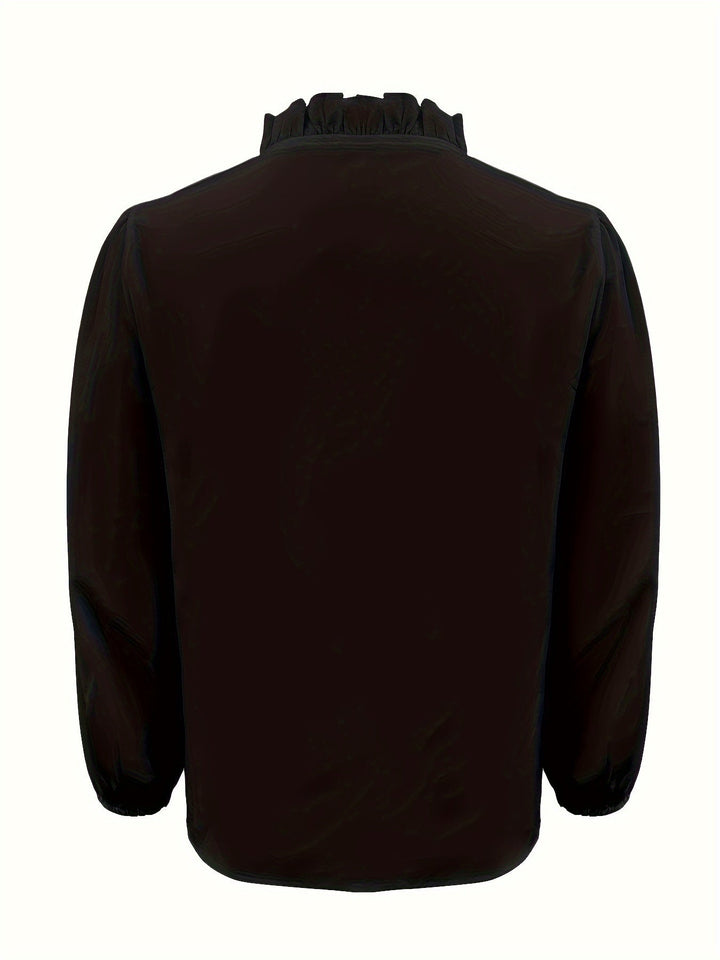 Pure Color Ruffle Hemline Shirt, Casual V - neck Long Sleeve Shirt. - Glow Goddess