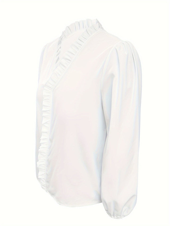 Pure Color Ruffle Hemline Shirt, Casual V - neck Long Sleeve Shirt. - Glow Goddess