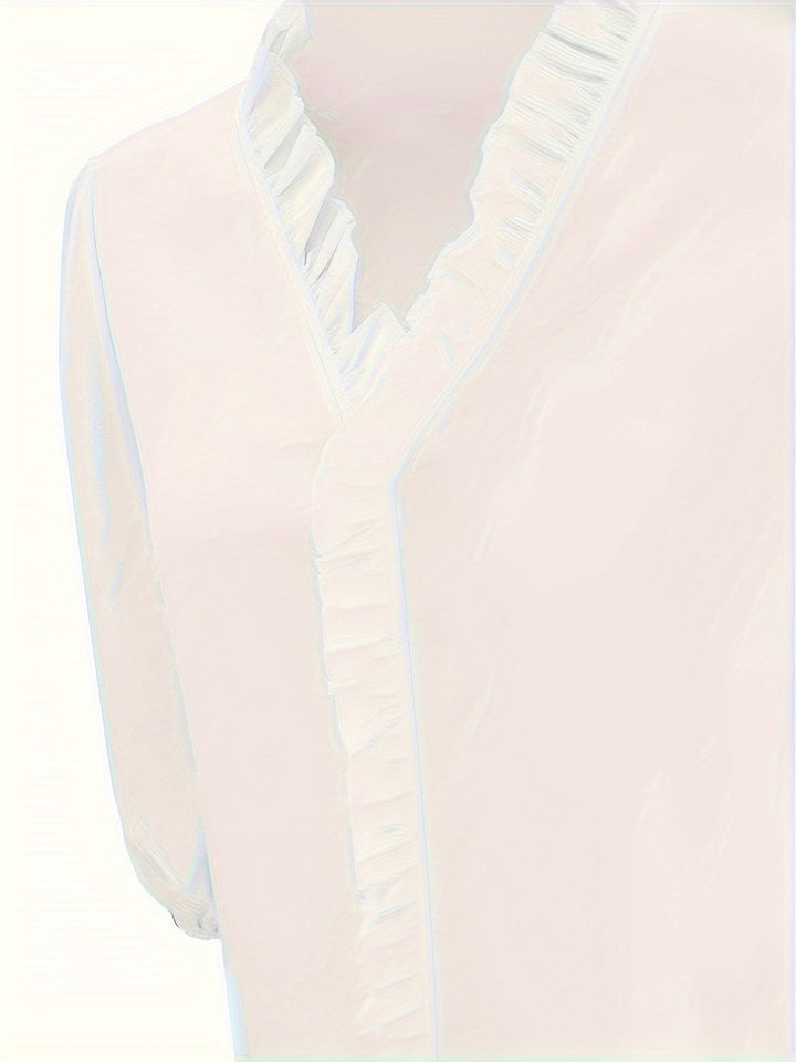 Pure Color Ruffle Hemline Shirt, Casual V - neck Long Sleeve Shirt. - Glow Goddess