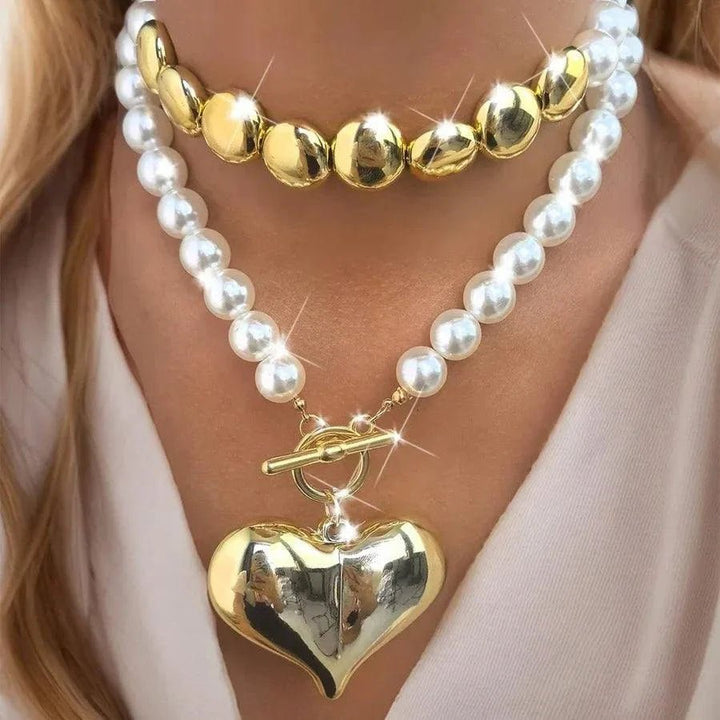 Retro Heart Pendant Pearl Beaded Necklace – Statement Jewelry Chain - Glow Goddess