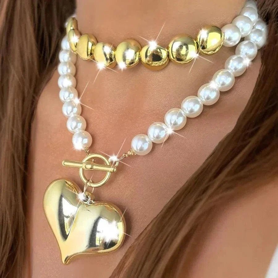 Retro Heart Pendant Pearl Beaded Necklace – Statement Jewelry Chain - Glow Goddess