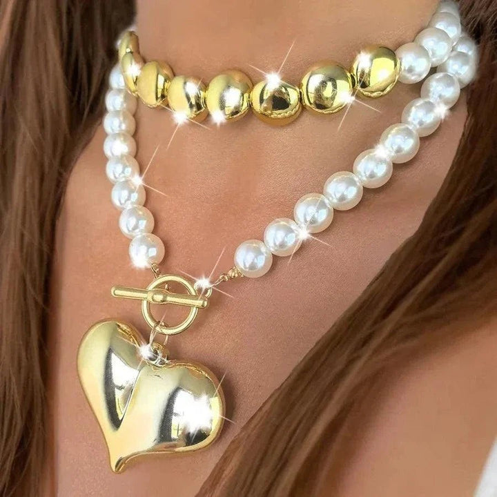 Retro Heart Pendant Pearl Beaded Necklace – Statement Jewelry Chain - Glow Goddess