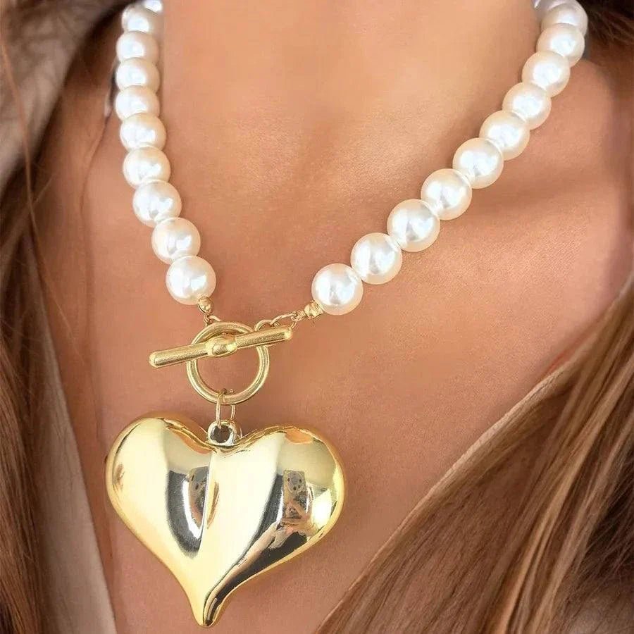 Retro Heart Pendant Pearl Beaded Necklace – Statement Jewelry Chain - Glow Goddess