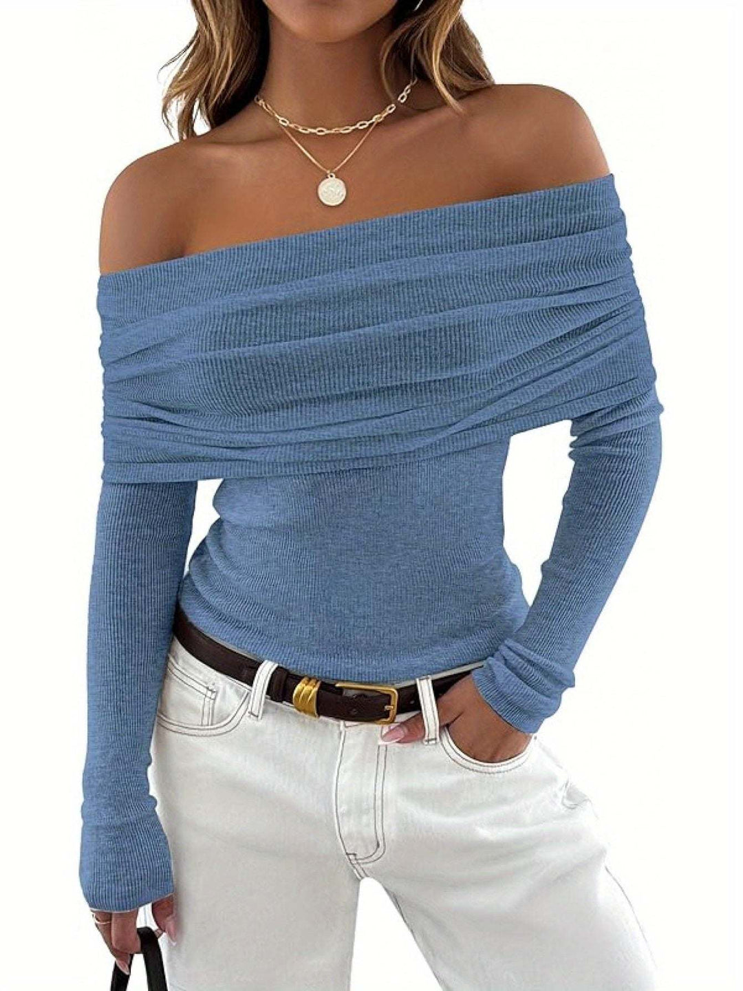 Ribbed Knit Off Shoulder Slim Fit Top - Glow Goddess