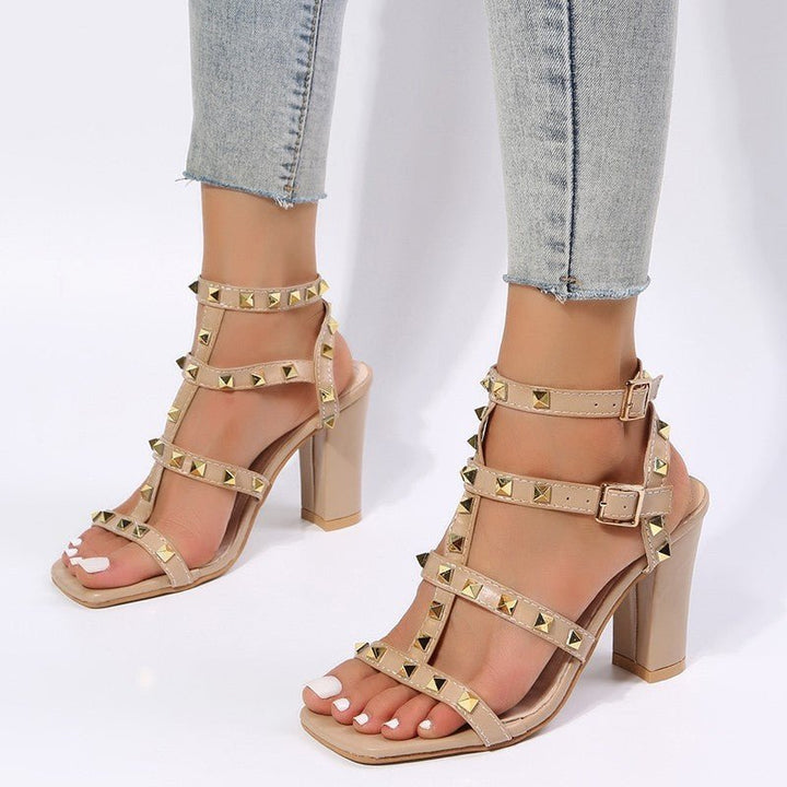 Rivet Sandals Women Buckle Strap Square - toe High Heels Shoes Gladiator - Glow Goddess