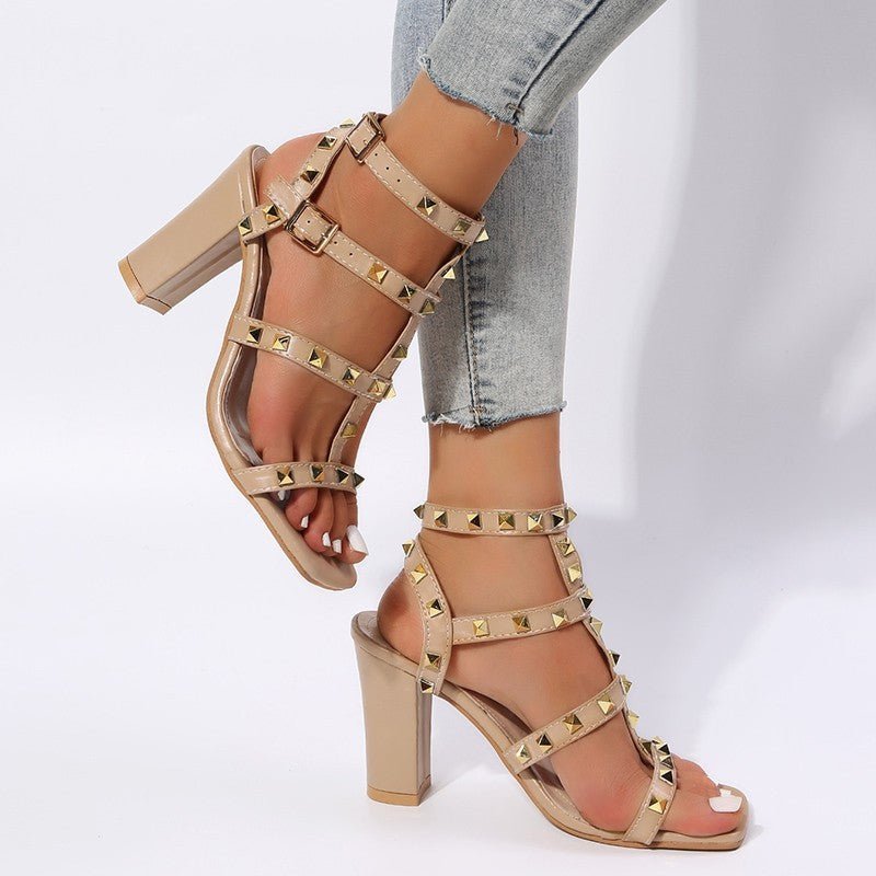 Rivet Sandals Women Buckle Strap Square - toe High Heels Shoes Gladiator - Glow Goddess