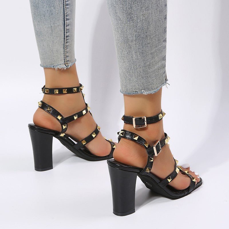 Rivet Sandals Women Buckle Strap Square - toe High Heels Shoes Gladiator - Glow Goddess
