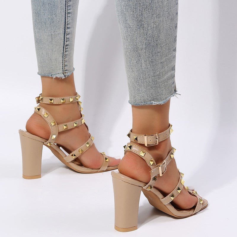 Rivet Sandals Women Buckle Strap Square - toe High Heels Shoes Gladiator - Glow Goddess