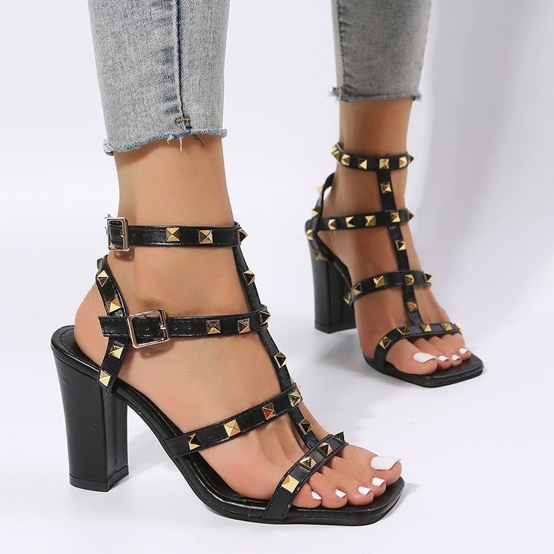 Rivet Sandals Women Buckle Strap Square - toe High Heels Shoes Gladiator - Glow Goddess