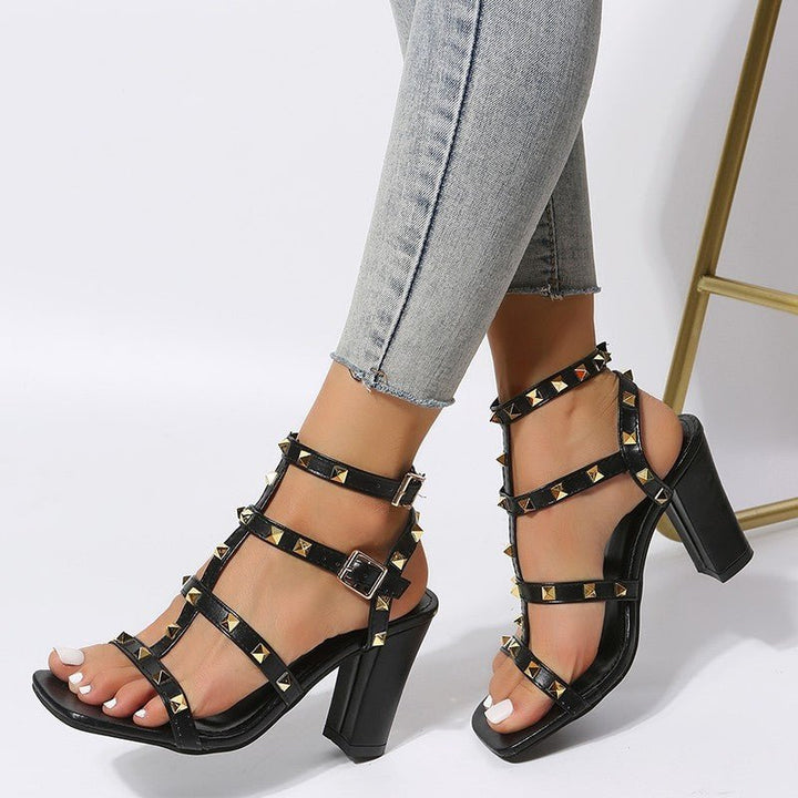 Rivet Sandals Women Buckle Strap Square - toe High Heels Shoes Gladiator - Glow Goddess