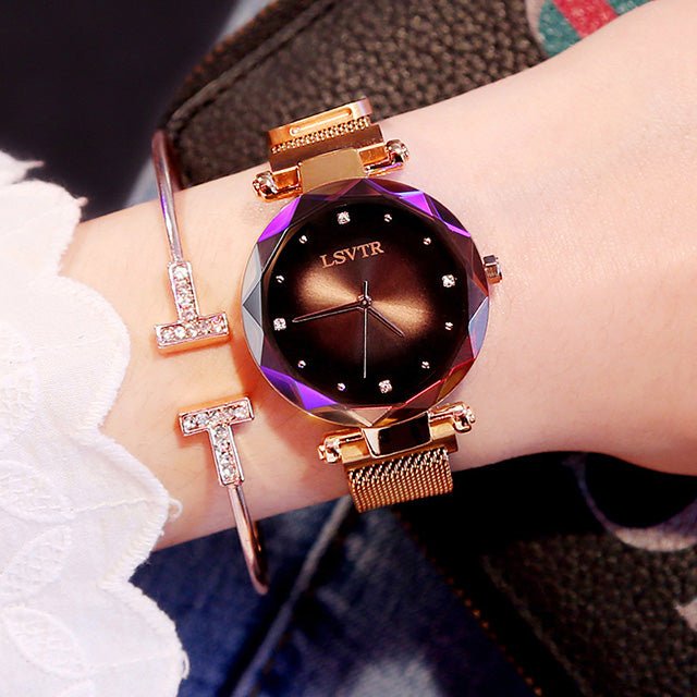 Rose gold women’s starry sky wristwatch with crystal details and magnetic band