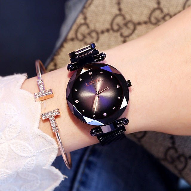 Rose gold women’s starry sky wristwatch with crystal details and magnetic band