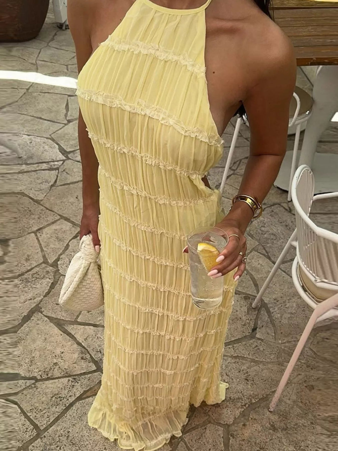Ruched Halter Maxi Dress with tie neckline, smocked waist detail, flowing full-length skirt, and elegant draped silhouette.
