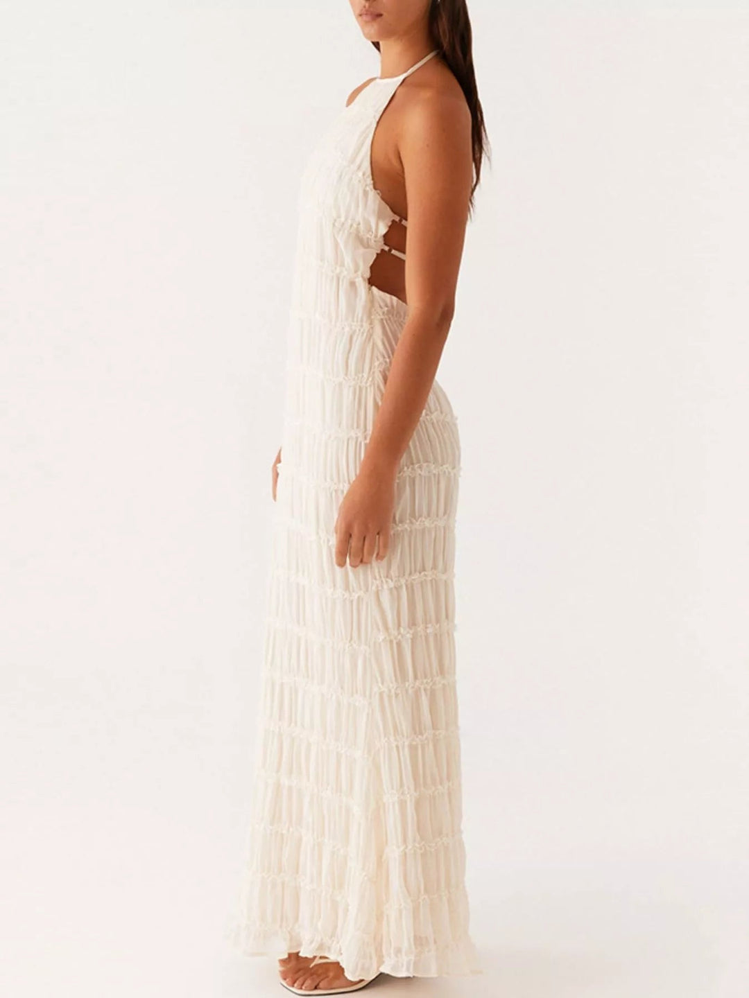 Ruched Halter Maxi Dress with tie neckline, smocked waist detail, flowing full-length skirt, and elegant draped silhouette.