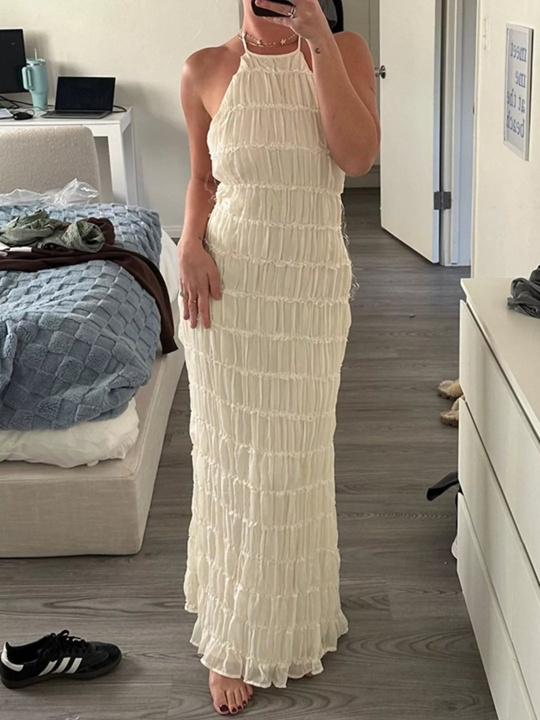 Ruched Halter Maxi Dress with tie neckline, smocked waist detail, flowing full-length skirt, and elegant draped silhouette.