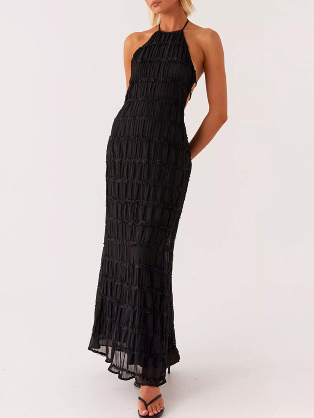 Ruched Halter Maxi Dress with tie neckline, smocked waist detail, flowing full-length skirt, and elegant draped silhouette.