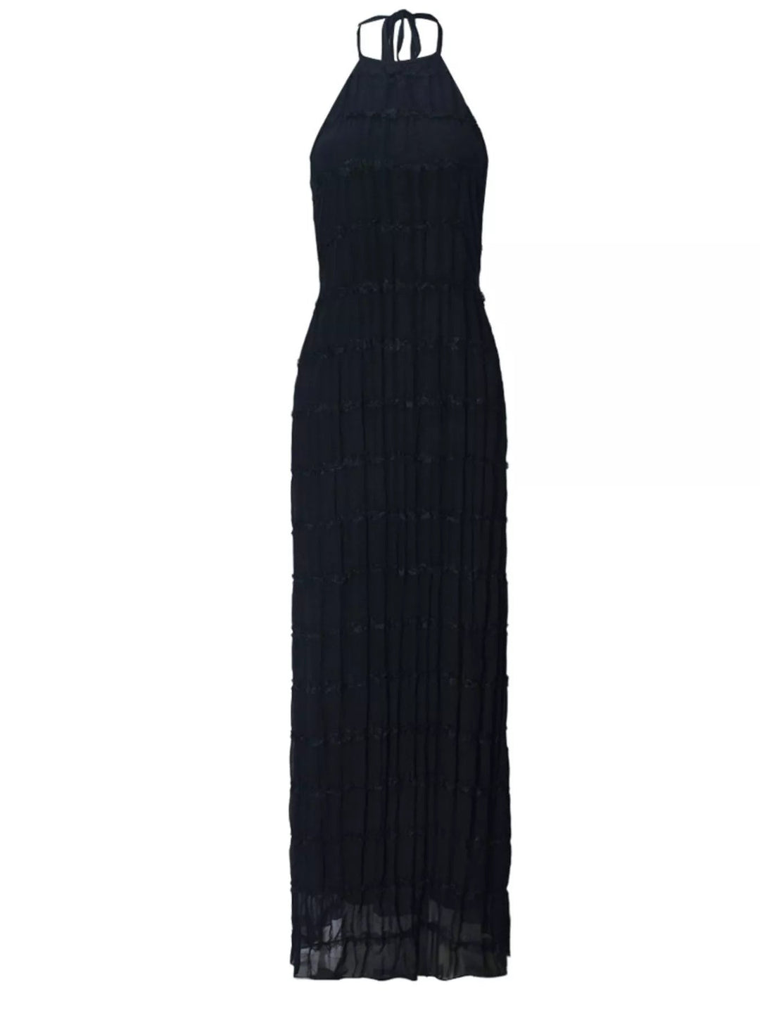 Ruched Halter Maxi Dress with tie neckline, smocked waist detail, flowing full-length skirt, and elegant draped silhouette.