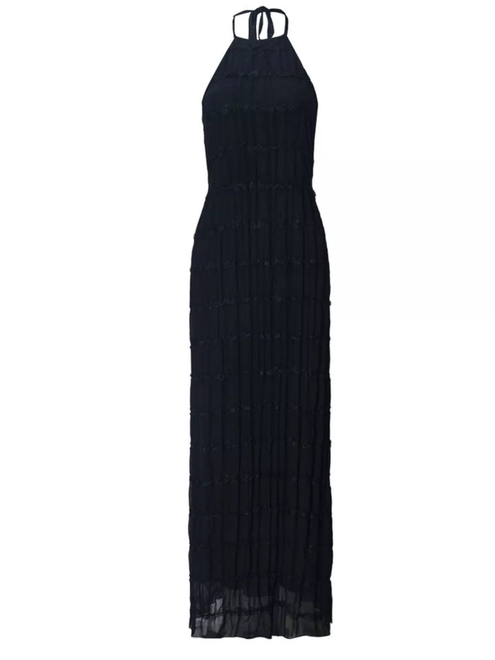 Ruched Halter Maxi Dress with tie neckline, smocked waist detail, flowing full-length skirt, and elegant draped silhouette.